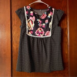 Boho Floral Polka Dot Blouse | Lace Trim | Vintage-Inspired Tunic